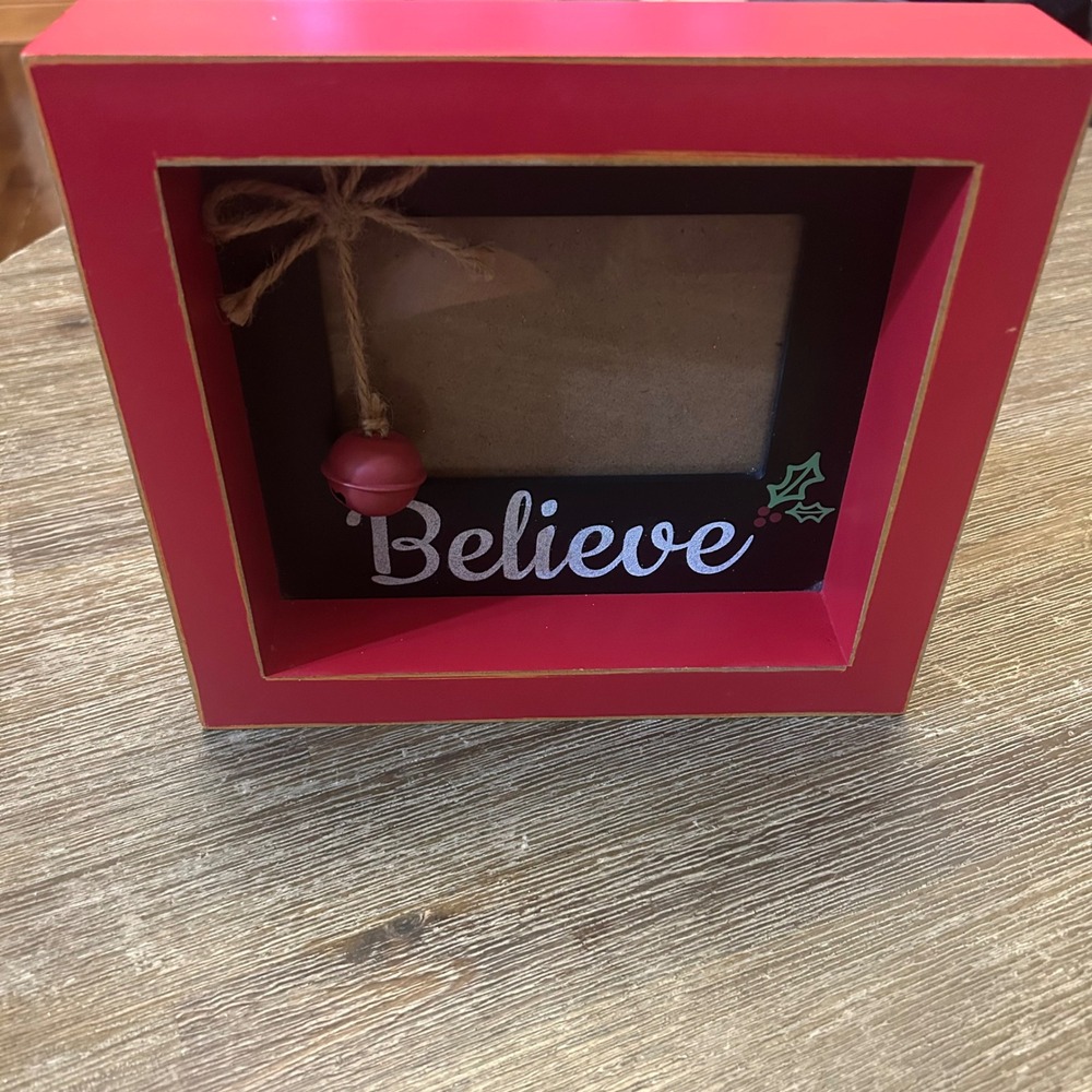 Christmas "Believe" Shadow Box Picture Frame Red Black Jingle Bell Holiday Decor